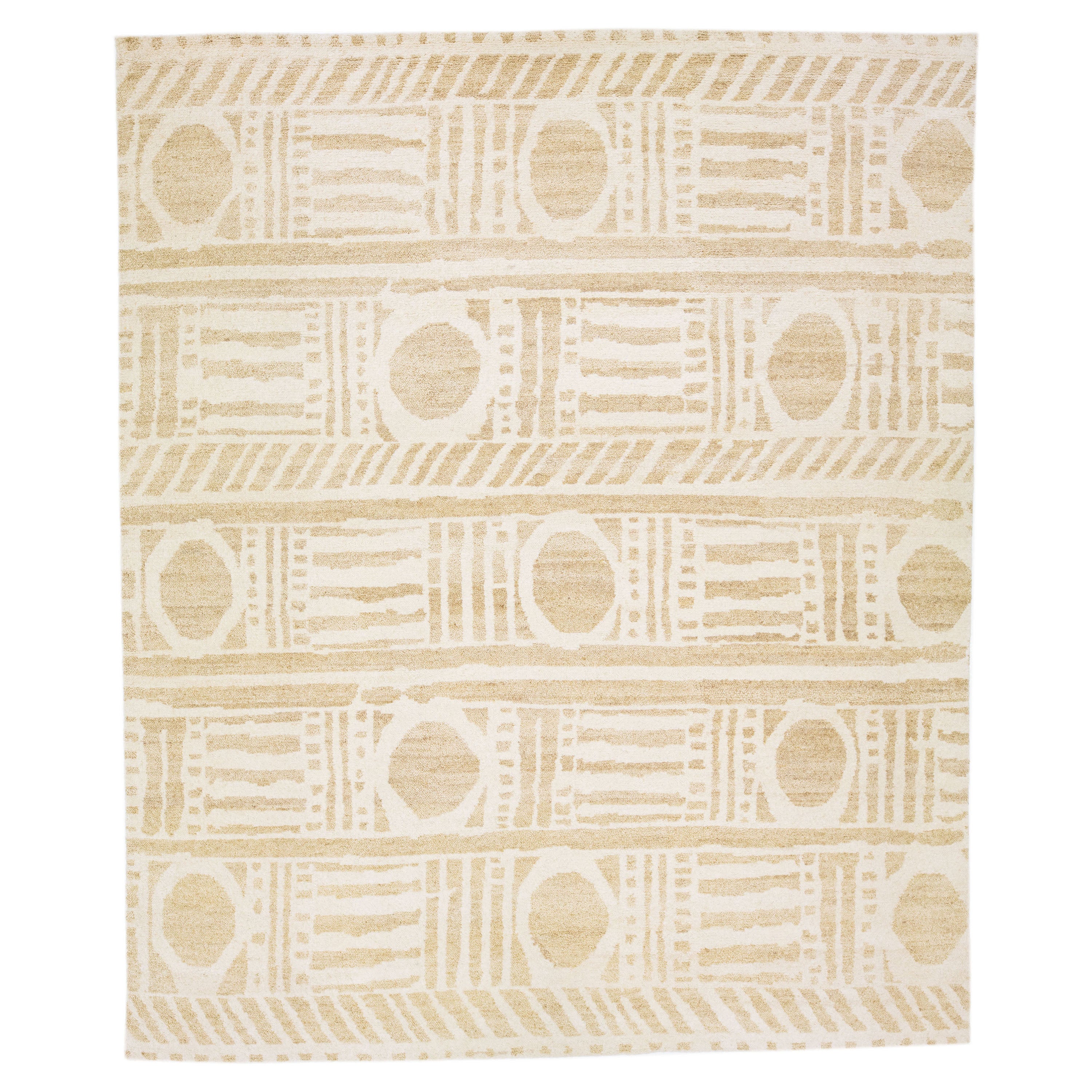 Beige Modern Moroccan Style Handmade Wool Rug with a Ivory Geometric Design 