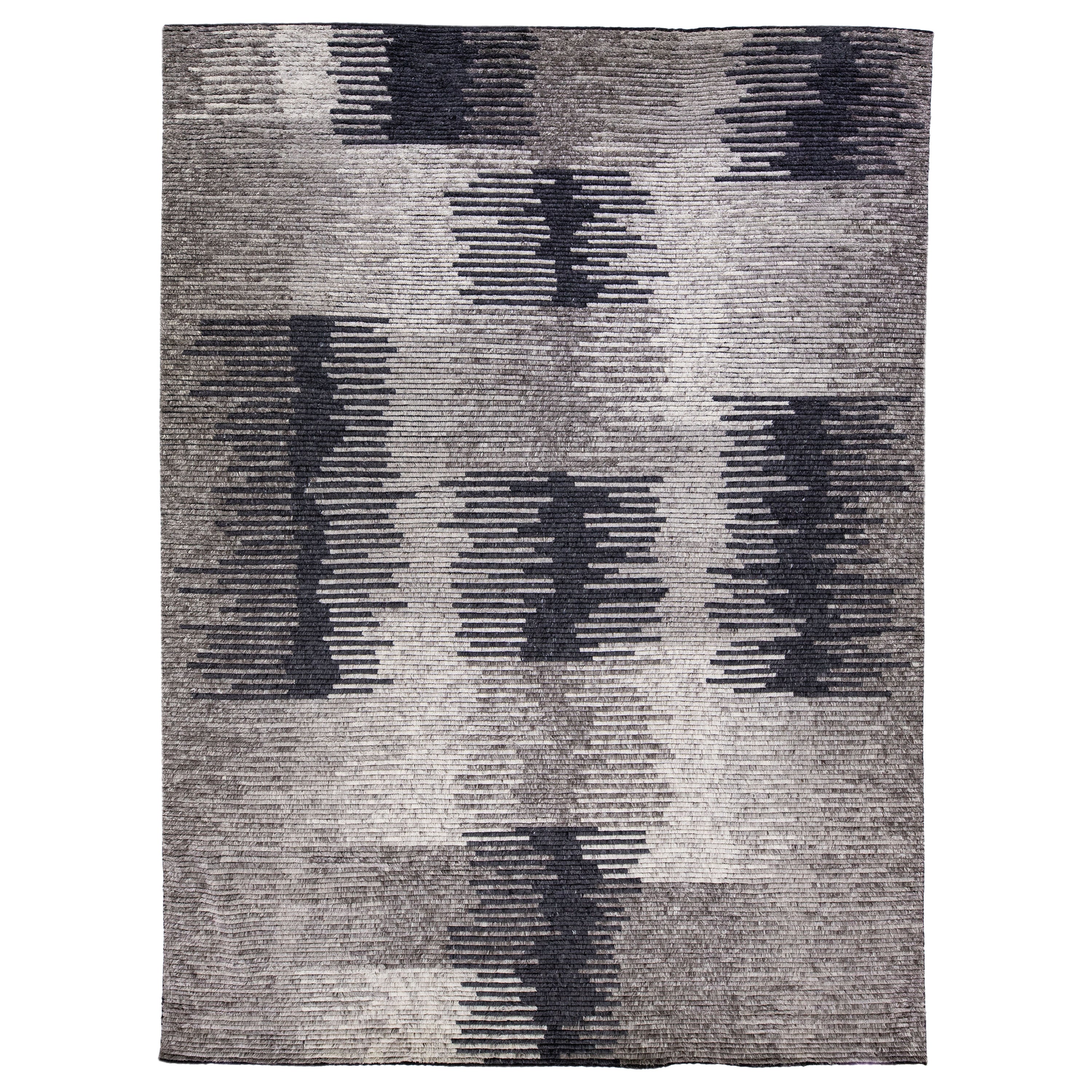 Handmade Modern Moroccan Style Abstract Wool Rug In Gray  For Sale