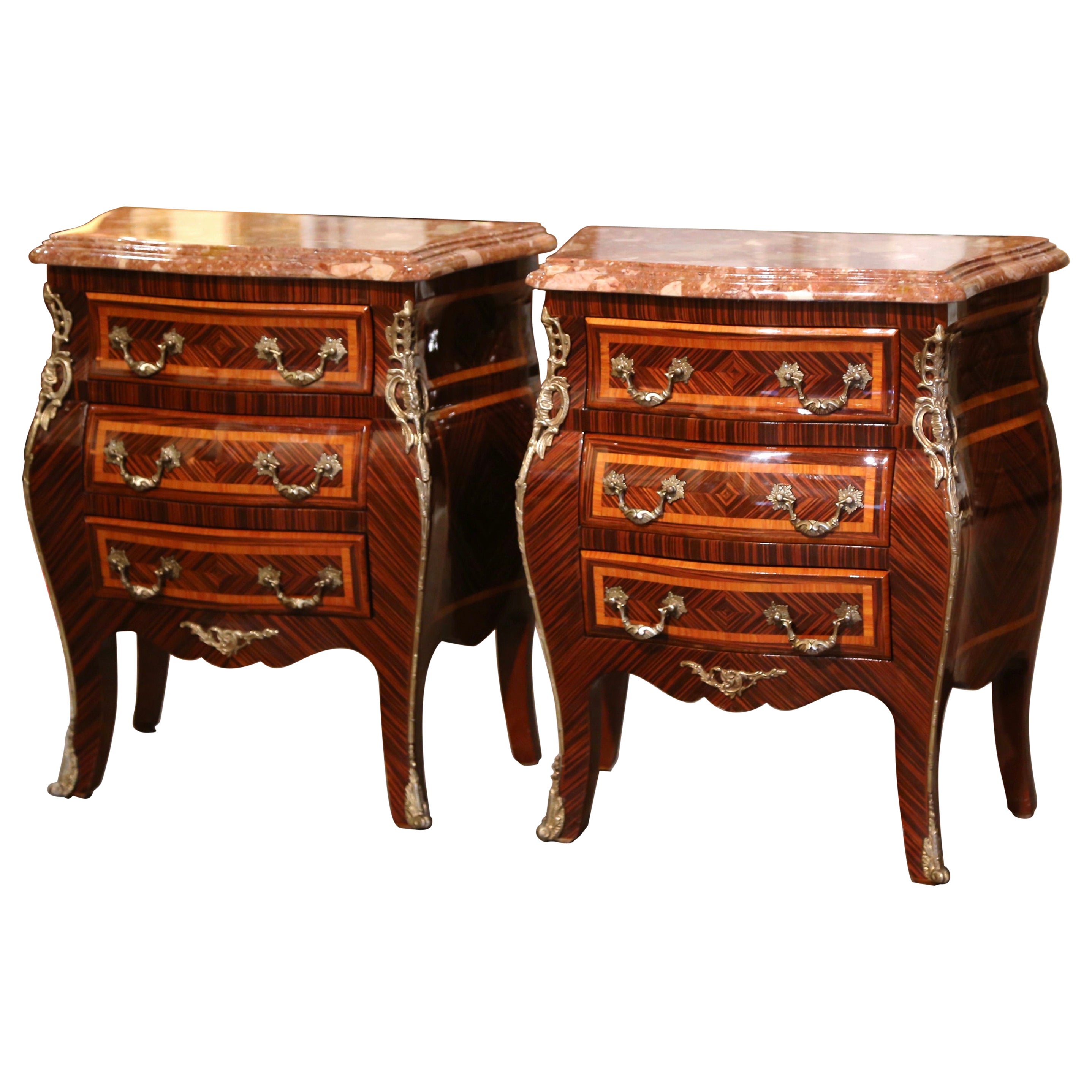 Pair of Mid-Century Louis XV Marble Top Mahogany Inlaid Bedside Tables Chests 