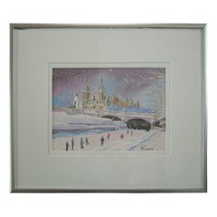 Vintage P. VILLENEUVE - 'Les Patineurs' - Framed Watercolor Painting - Canada - C.1993