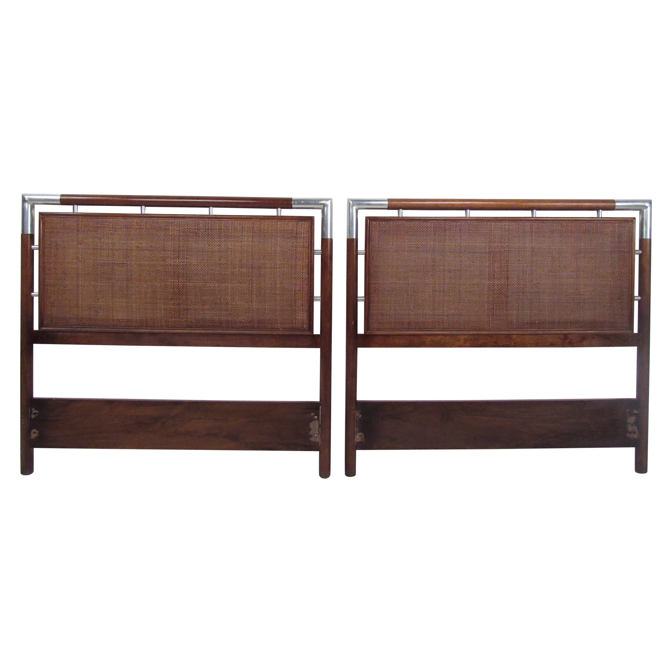 Pair of Mid-Century Modern Cane and Chrome Twin Size Headboards For Sale