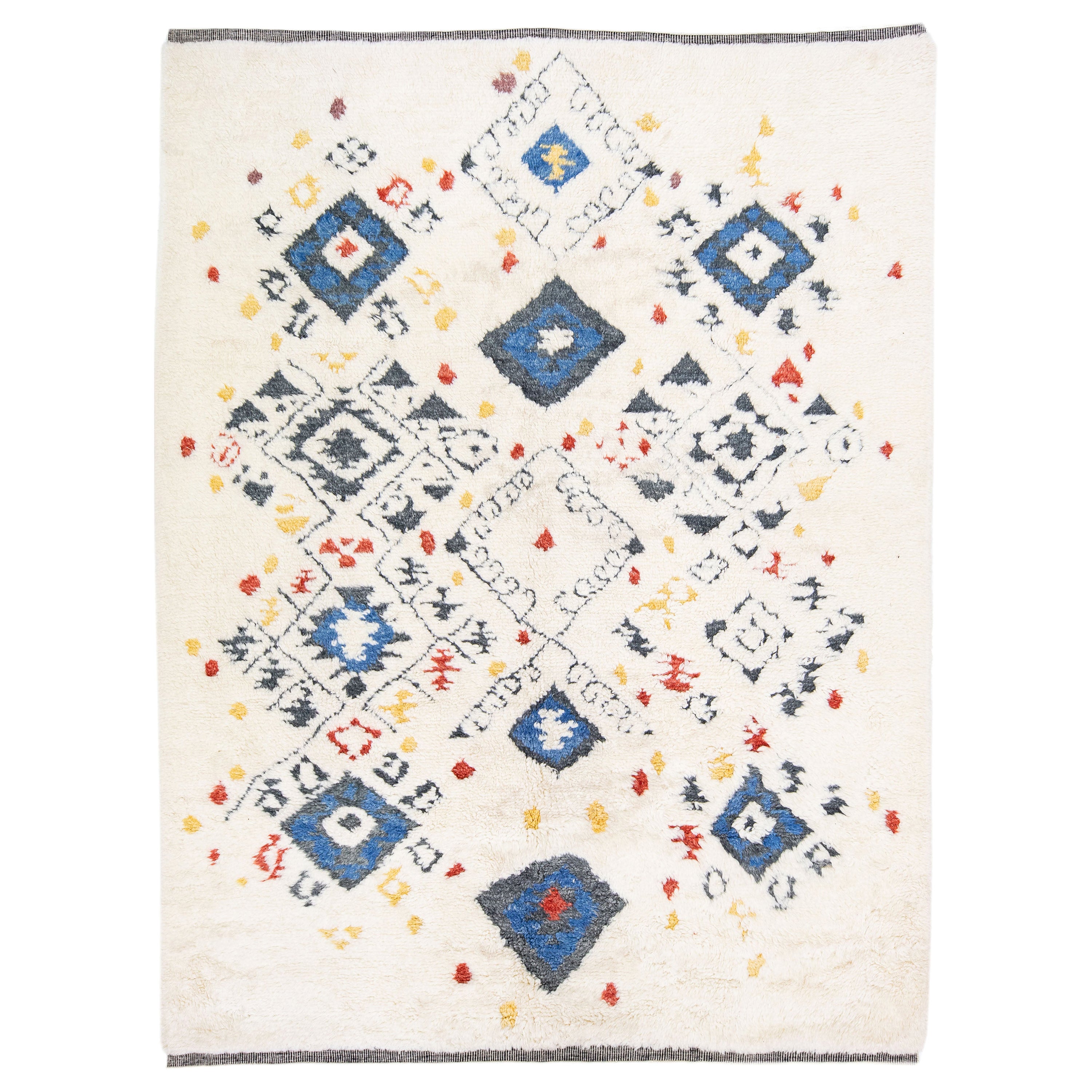 Ivory Handmade Moroccan Style Wool Rug in a Modern Tribal Design For Sale