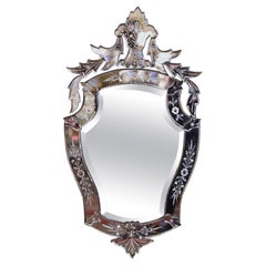 Mid-Century Italian Venetian Beveled Mirror with Painted Floral Etching