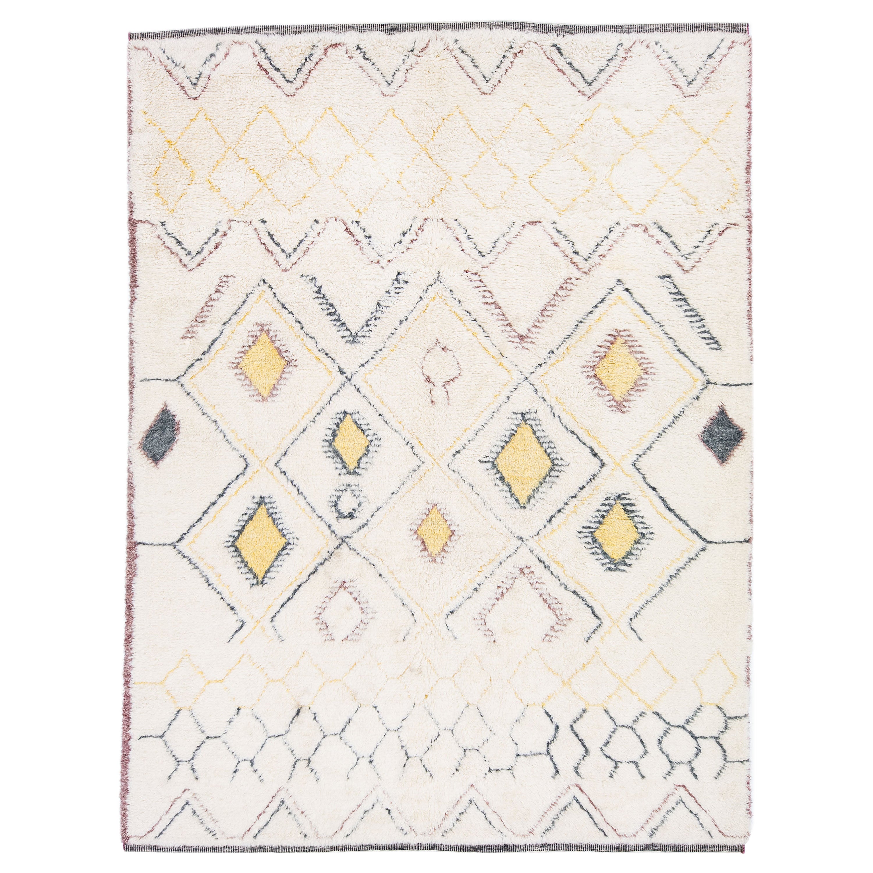 Modern Handmade Moroccan Style Tribal Wool Rug in Ivory For Sale
