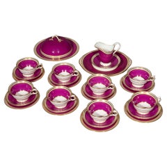 Vintage Purple and Gold Porcelain Tea Set for Eight Persons