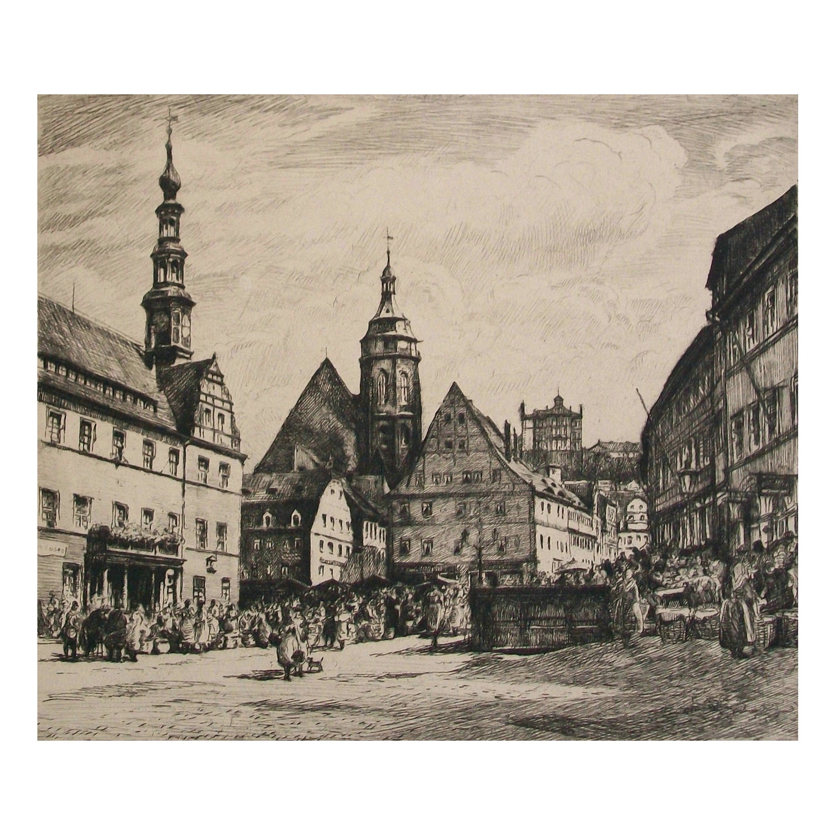 « La place de marché à Pirna » - gravure ancienne - Allemagne - 18e/19e siècle