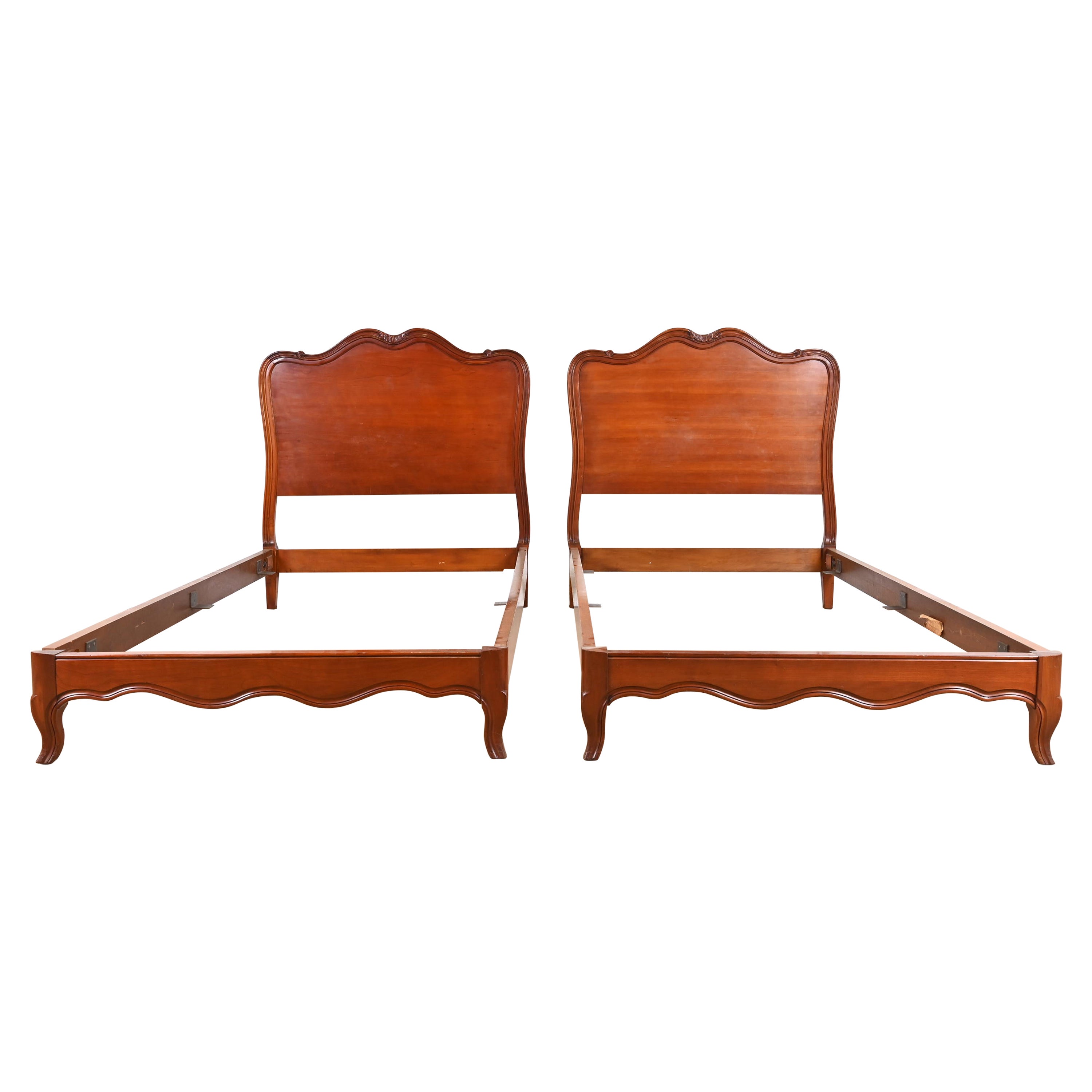 John Widdicomb French Provincial Louis XV Carved Cherry Wood Twin Beds, Pair