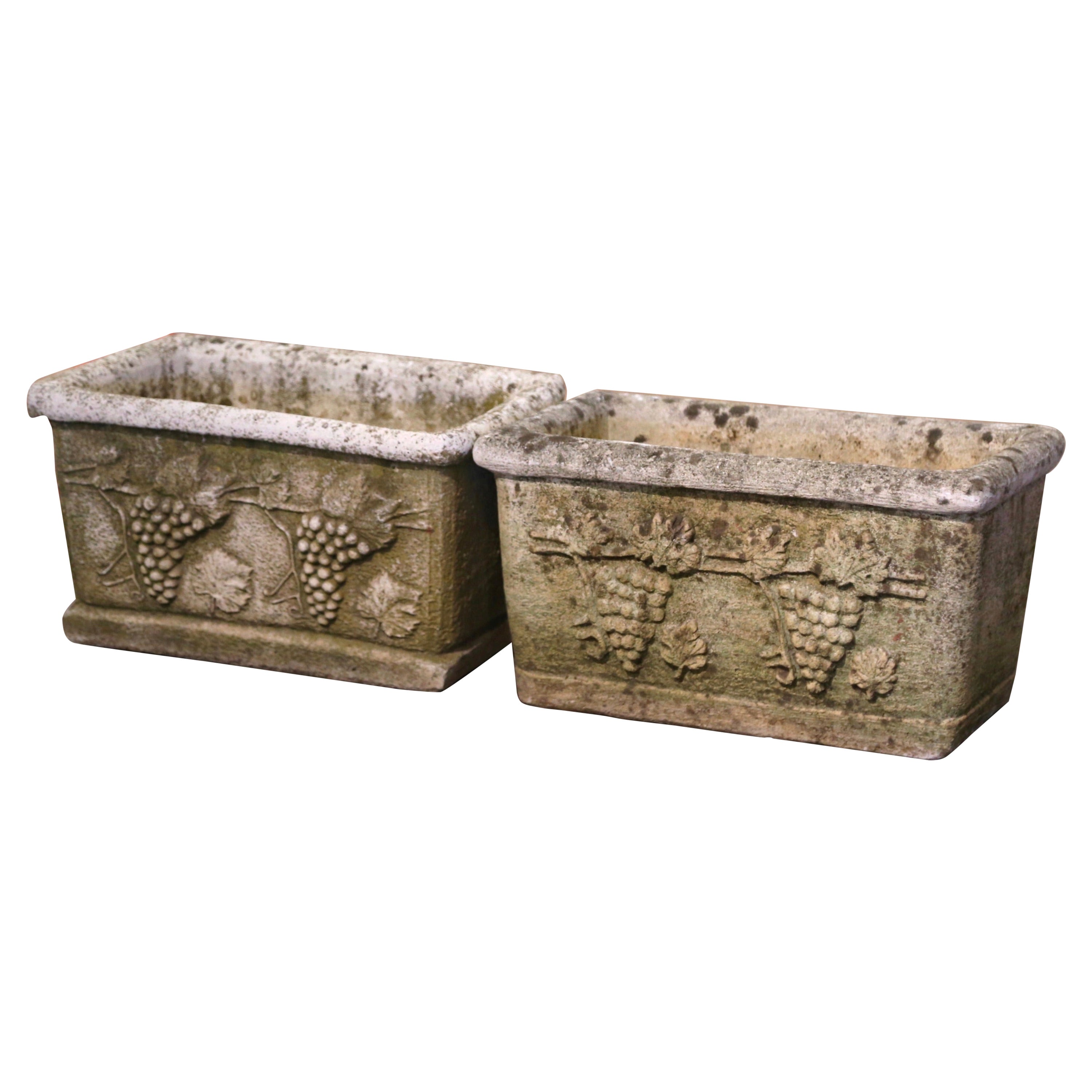 Pair of 19th Century French Weathered Carved Stone Outdoor Planters with Grapes