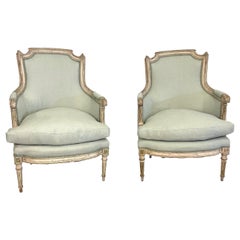 Pair of Louis XVI Style Bergeres in Blue/Green Linen Newly Reupholstered
