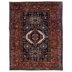 Handmade Medallion Antique Persian Heriz Wool Rug with Multicolor Motif