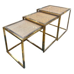 Vintage Set of Three Brass and Glass Nesting Side Tables, Italy, 1960s