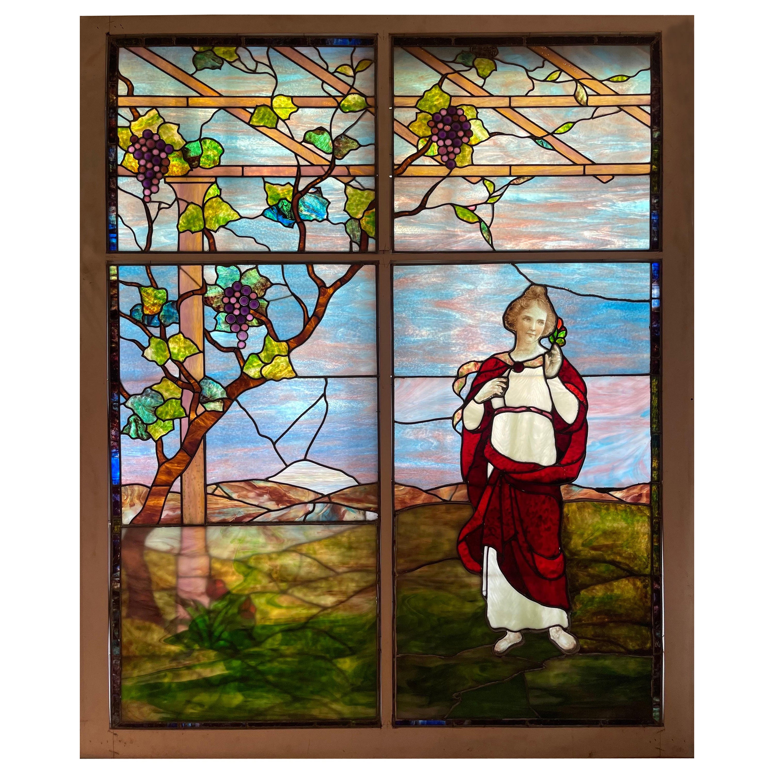 Tiffany Type Stained Glass Window, Woman in Grape Arbor Possibly Early Tiffany For Sale