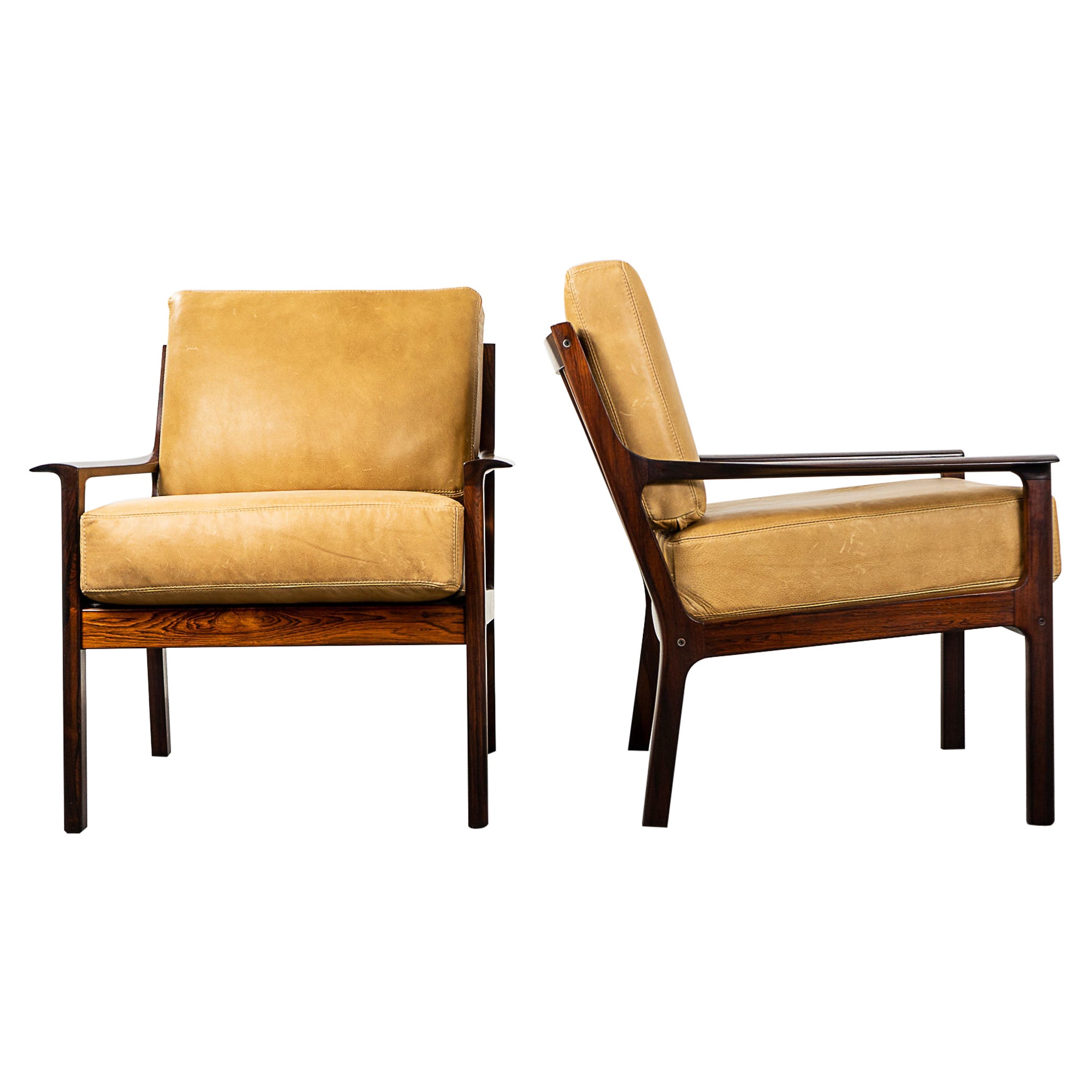 Rosewood & Leather Norwegian Lounge Chairs by Frederik Kayser