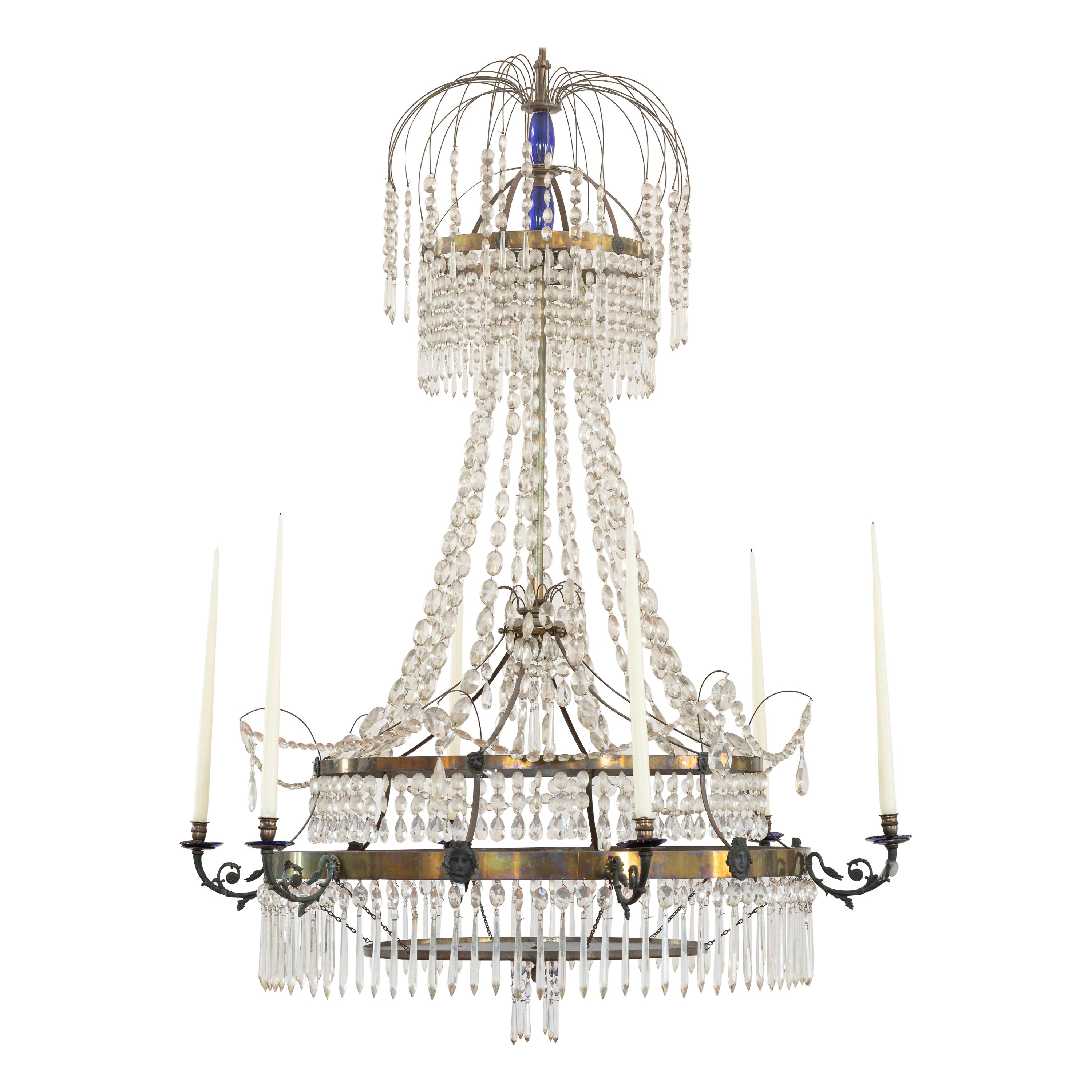 19th Century Chandelier in Brass with Cut Crystal with Cobalt Glass Accents