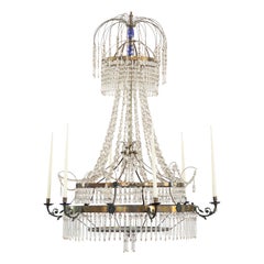 Antique 19th Century Chandelier in Brass with Cut Crystal with Cobalt Glass Accents