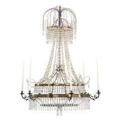 Lustre du 19ème siècle en laiton avec cristal taillé et accents en verre cobalt