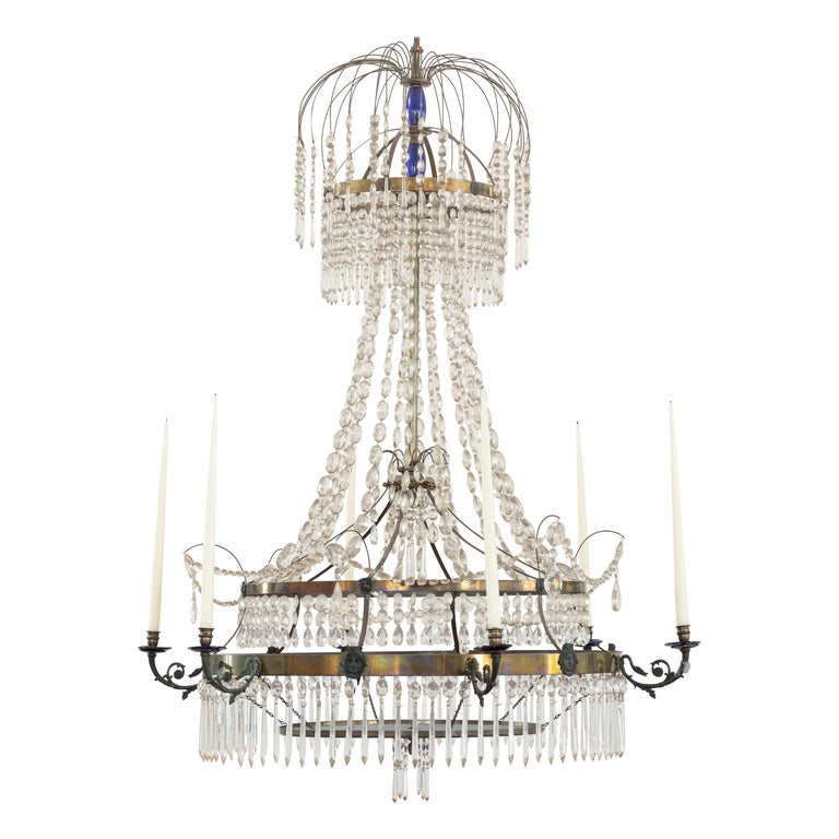 19th Century Chandelier in Brass with Cut Crystal with Cobalt Glass Accents For Sale