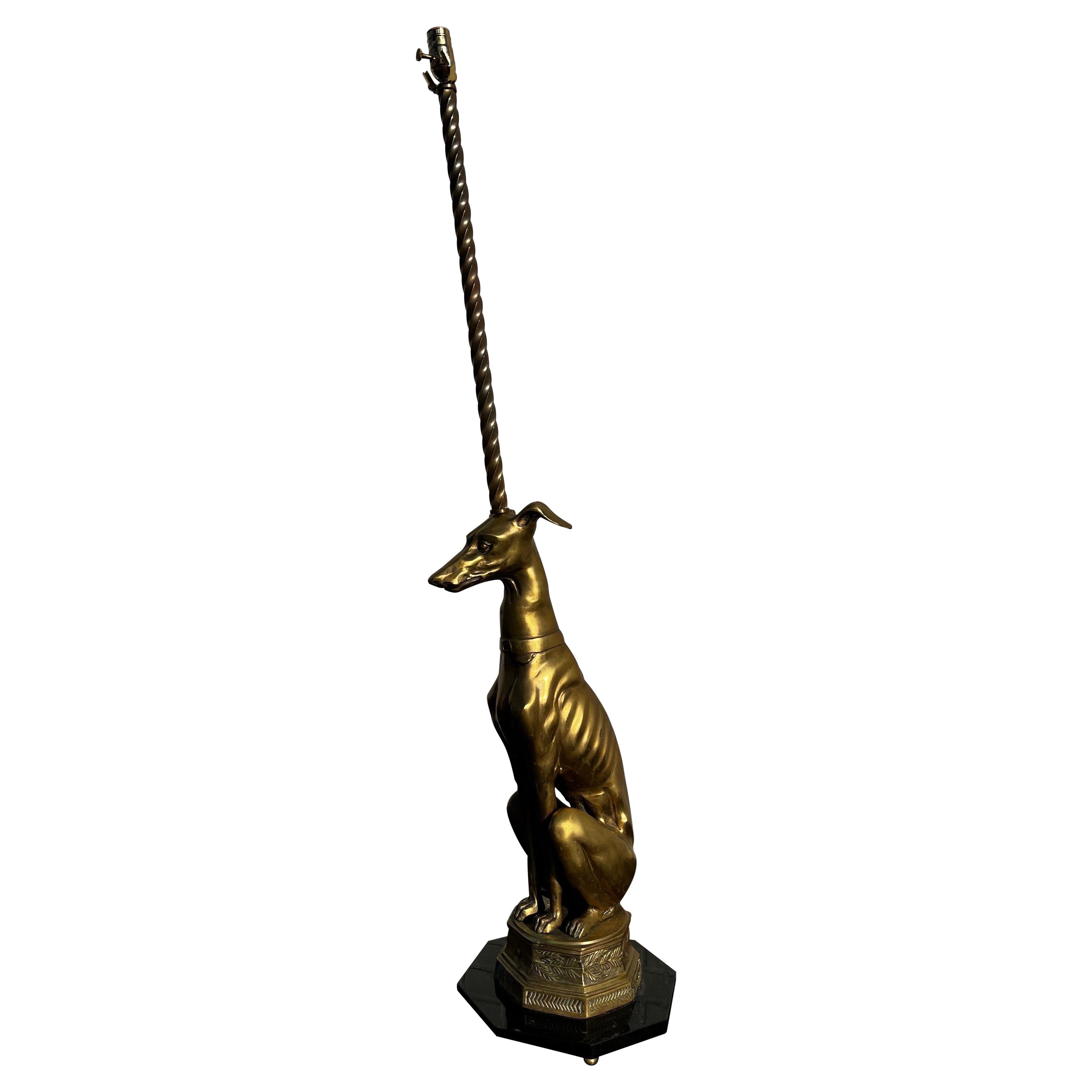 Mid Century Brass Whippet Greyhound Statue on Stone Base Mounted as a Floor Lamp