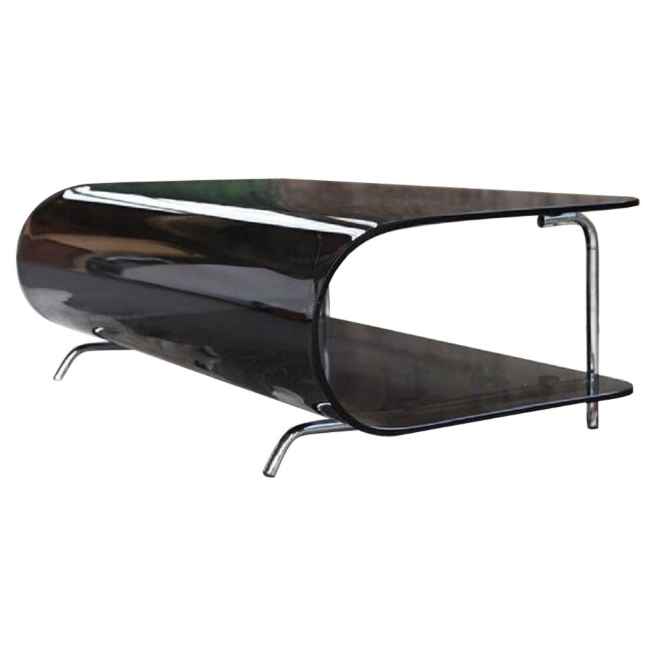 Table basse post-moderne en verre fumé et chrome plié de style Milo Baughman