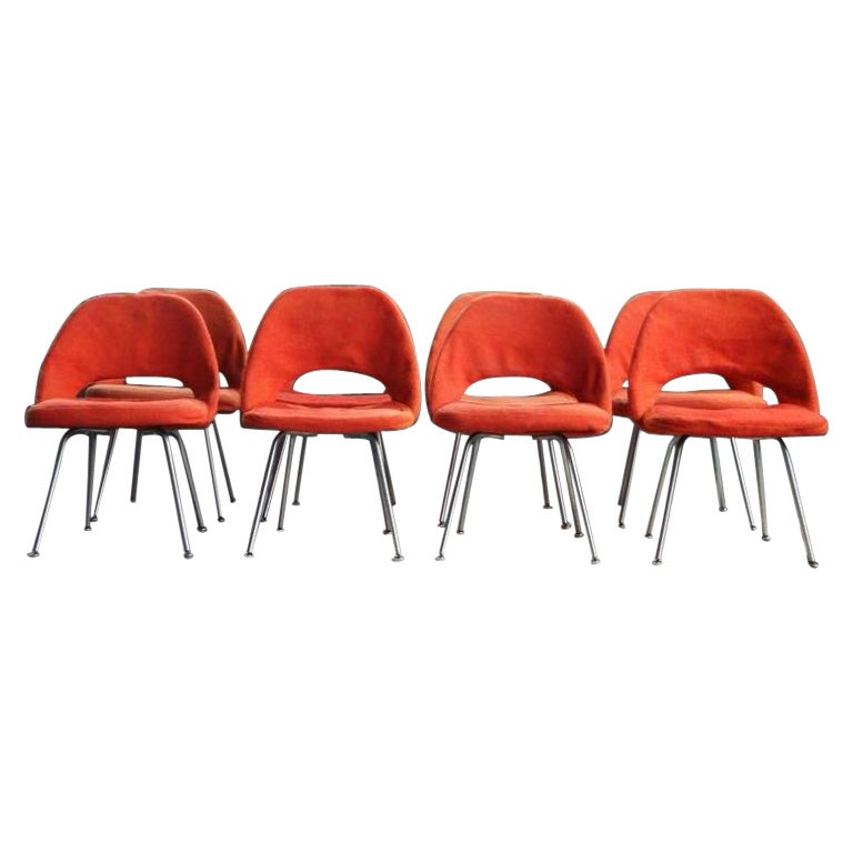 Ensemble de 8 chaises modernes du milieu du siècle en acier chromé et laine orange, années 1960