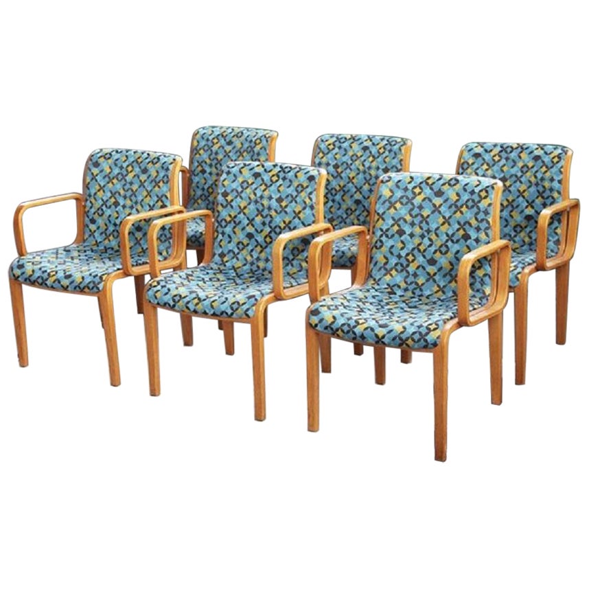 Ensemble de 6 chaises de salle à manger postmodernes en bois cintré bleu 1305-U pour Knoll, 1970
