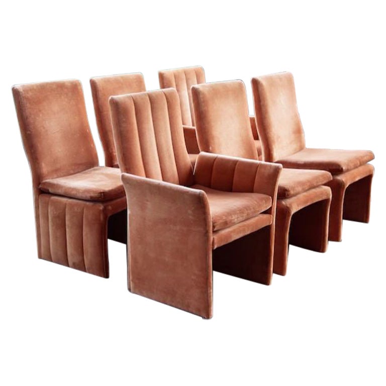 Set of 6, Postmodern Channel Back Velour Upholstered Dining Chairs For Sale