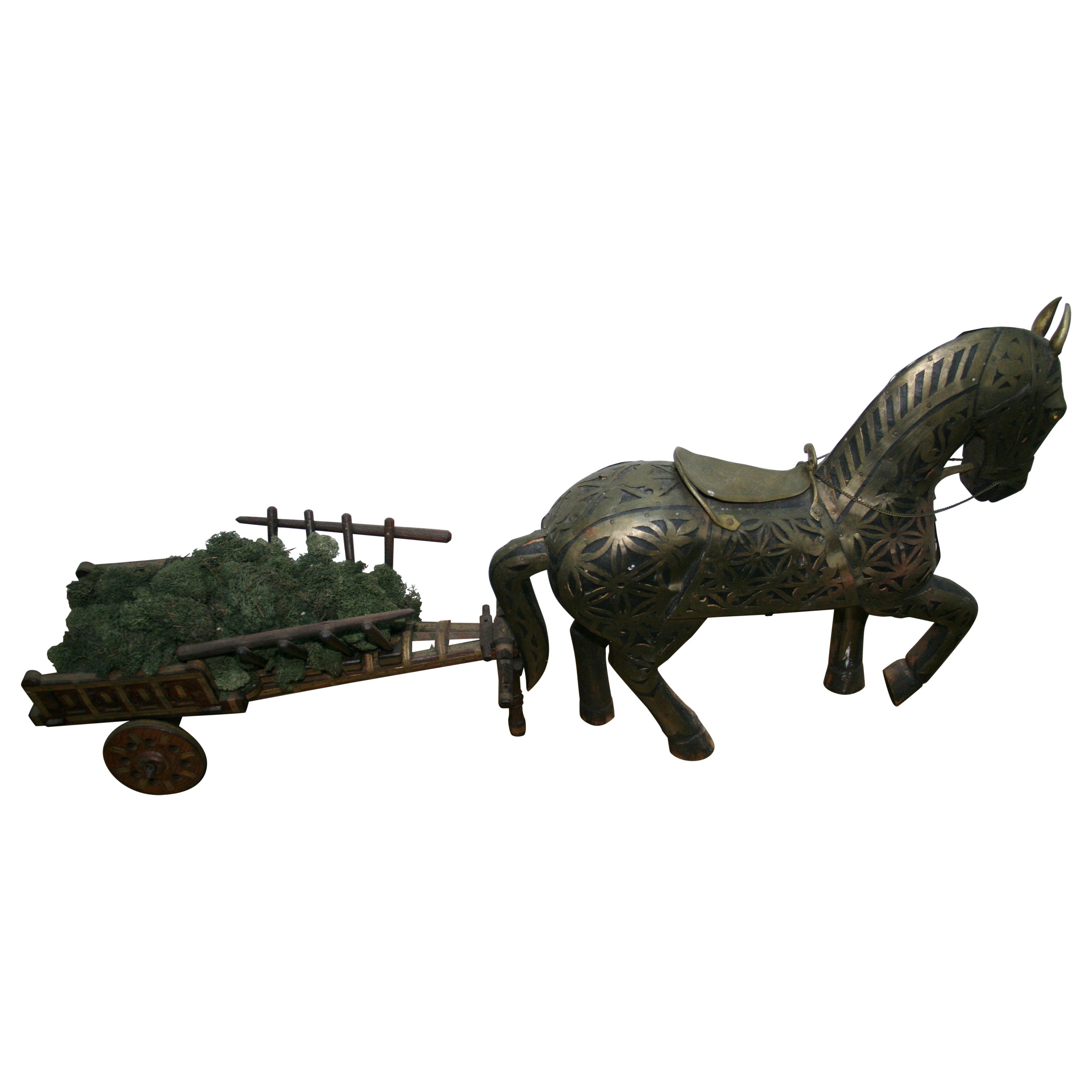 Italian Brass Covered Wood Horse and Cart In Good Condition For Sale In Douglas Manor, NY