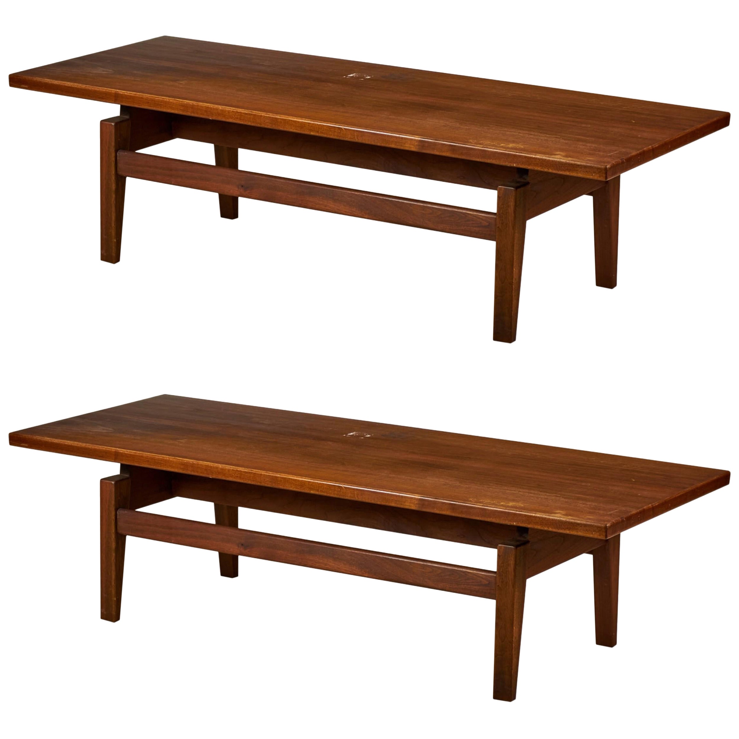 Pair of Jens Risom Danish Mid-Century Floating Top Walnut Coffee Table / Benches For Sale