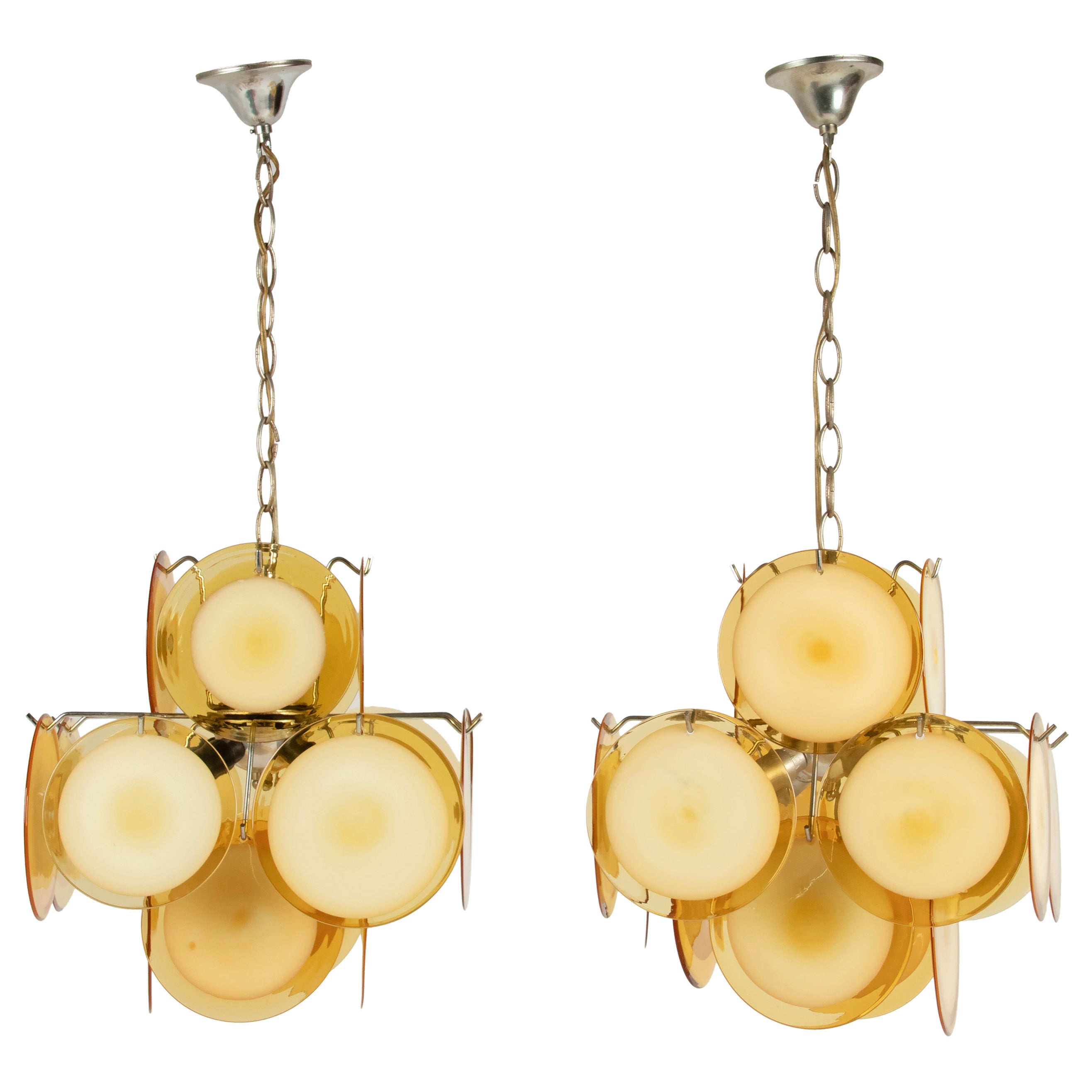 Pair Mid-Century Modern Vistosi Style Yellow Glass Murano Disk Chandeliers For Sale