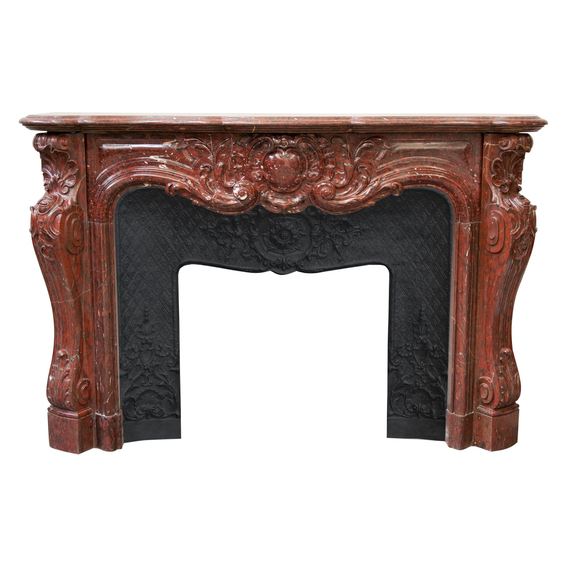 Antique Louis XV Style Fireplace Sculpted Out of Red Griotte 