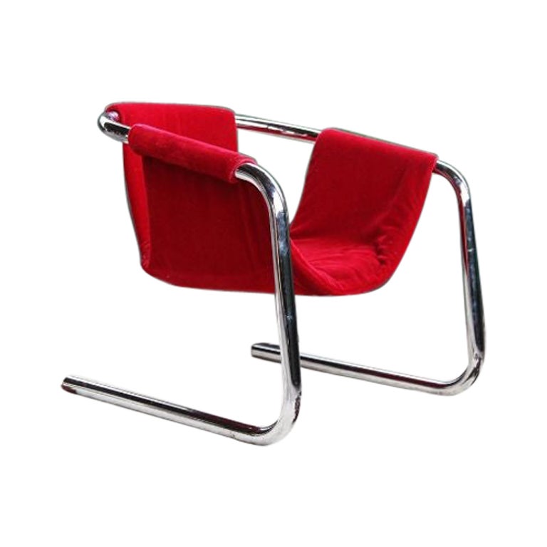 Postmodern Chrome Vecta Zermatt Sling Red Velvet Lounge Chair, 1970s