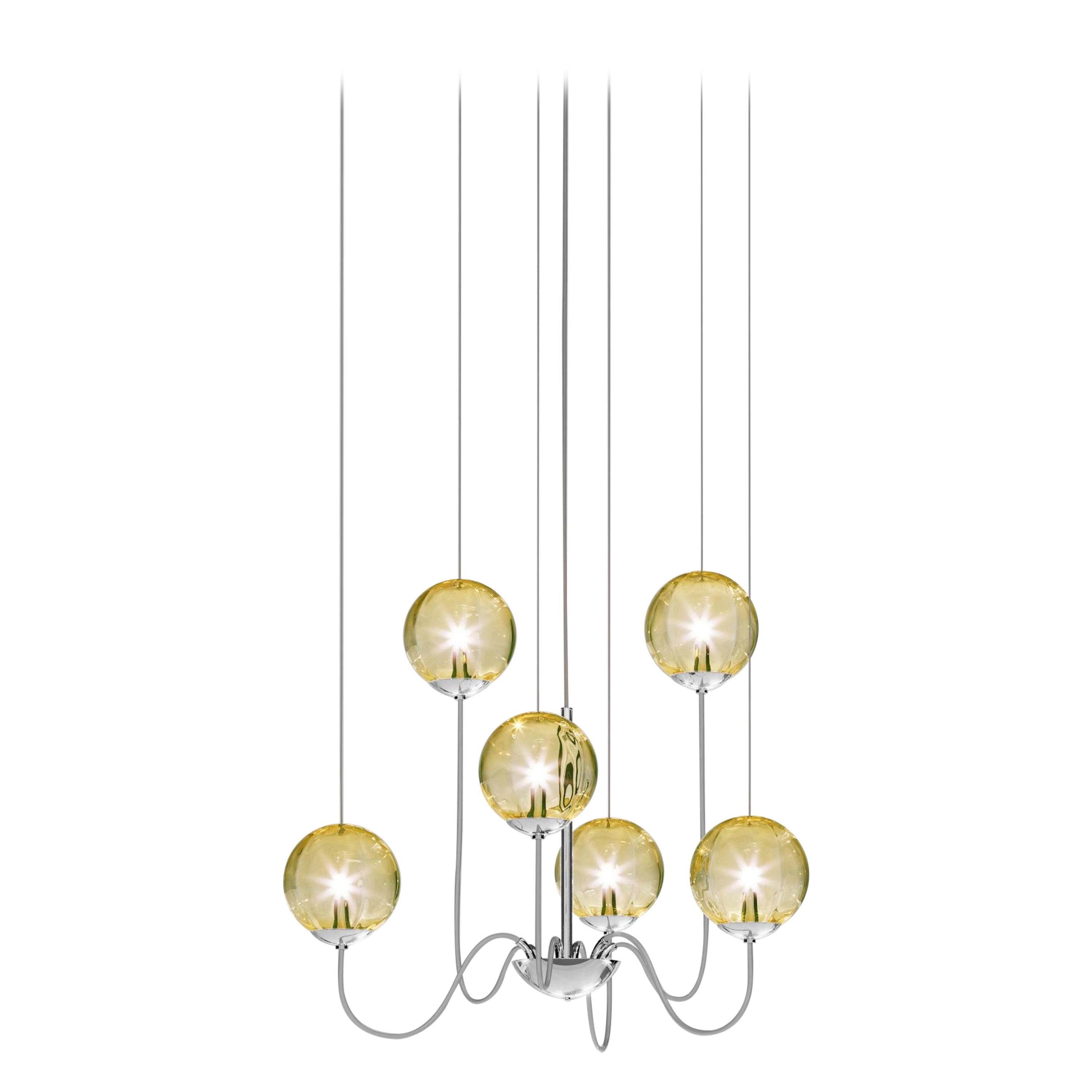 Vistosi Puppet Pendant Light in Amber Transparent Glass And Glossy Chrome Frame