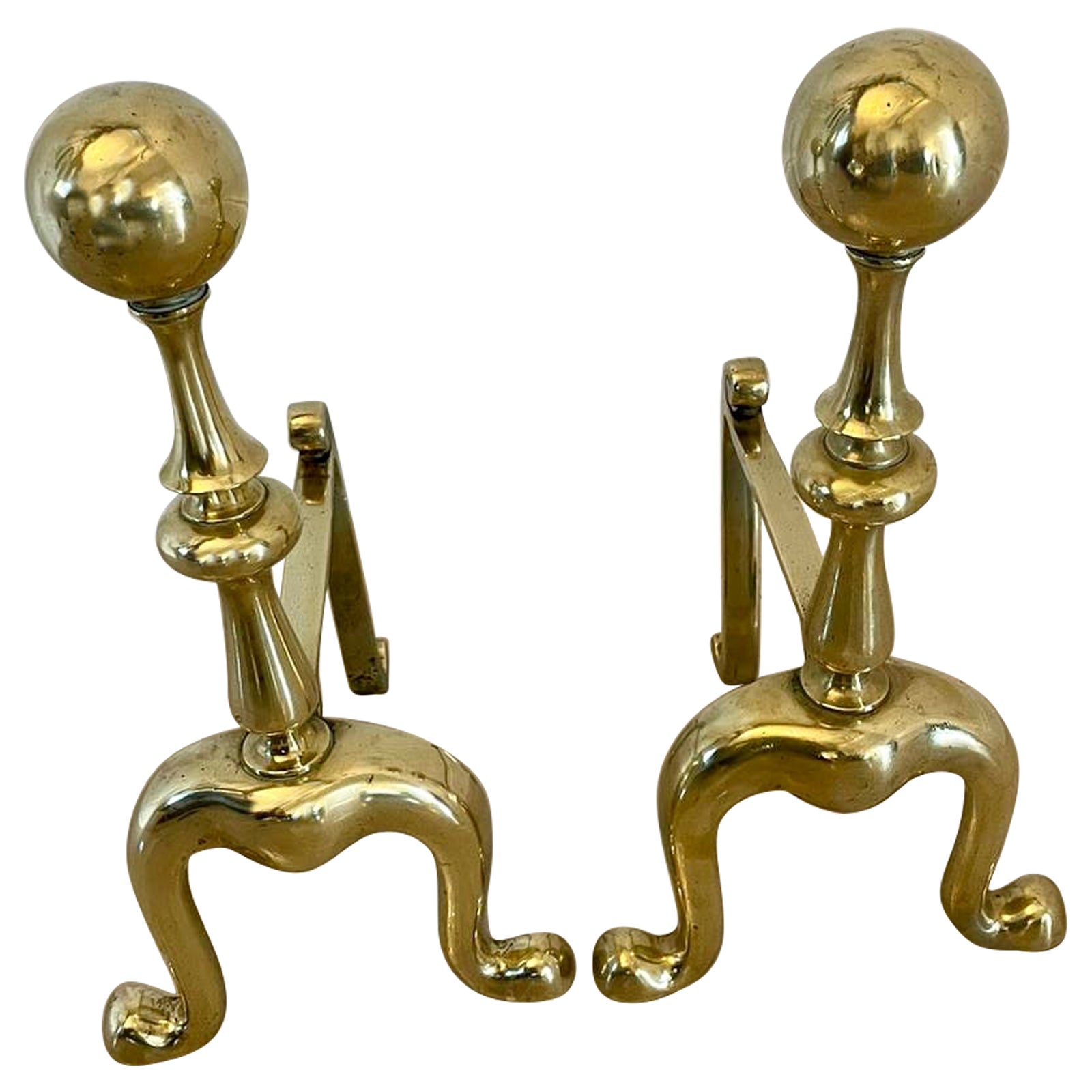 Pair of Antique Victorian Quality Brass Fire Dogs For Sale