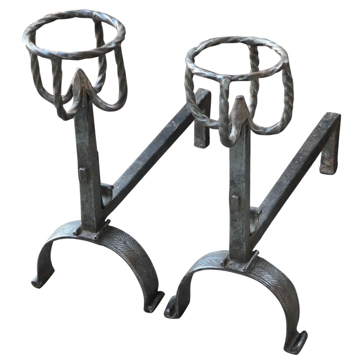 17th - 18th C. Polished Steel French Gothic Andirons or Firedogs