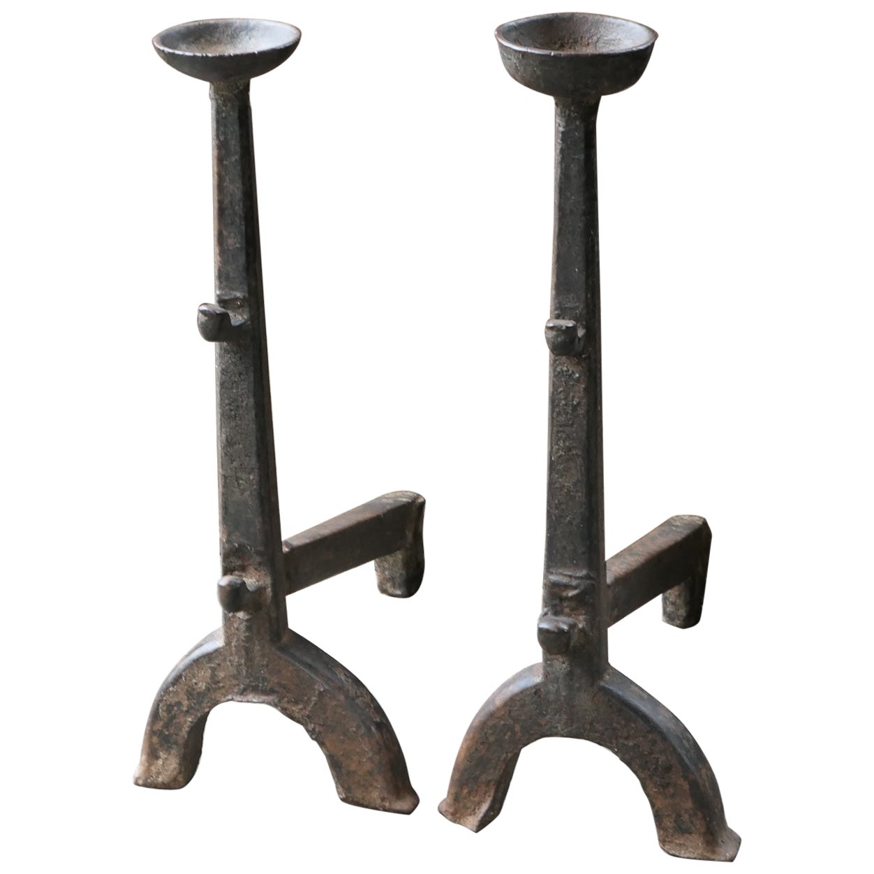Large French Gothic Andirons or Firedogs, 17th Century For Sale