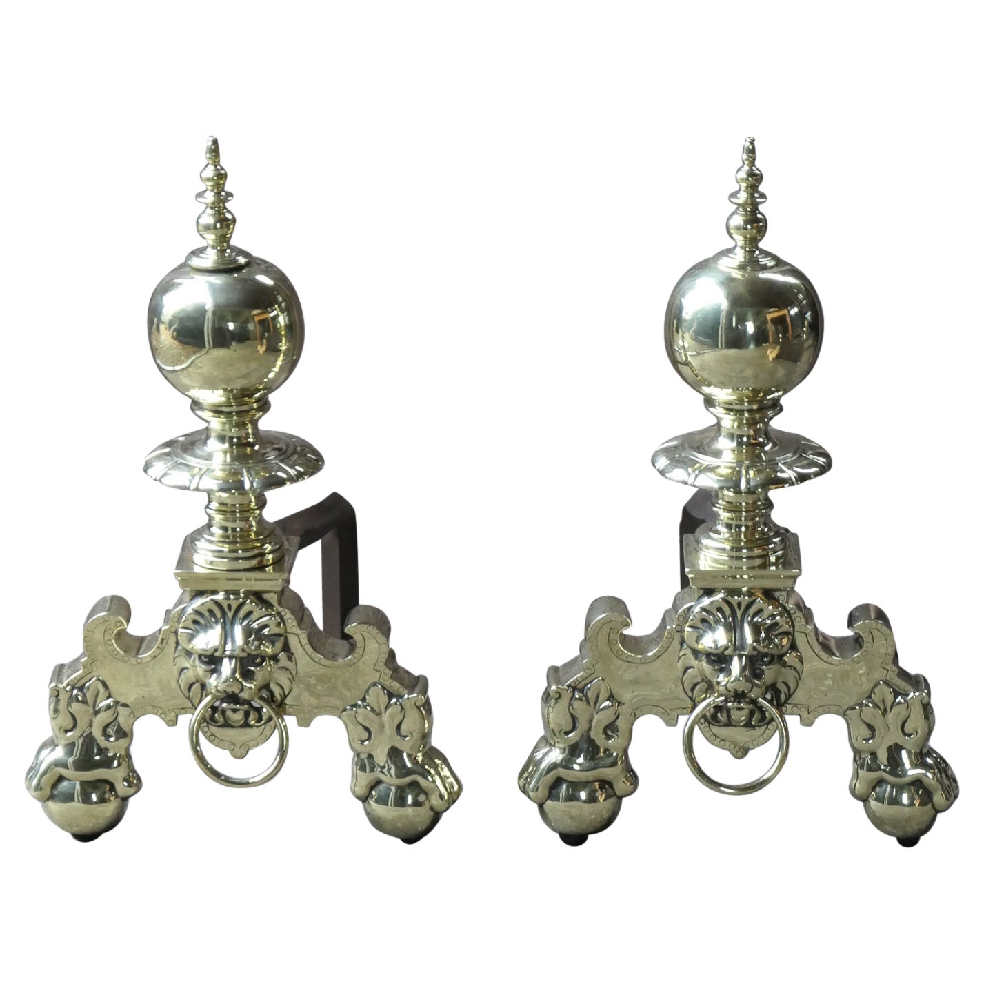 19th Century French Louis XIV Style Polished Brass Andirons or Firedogs For Sale