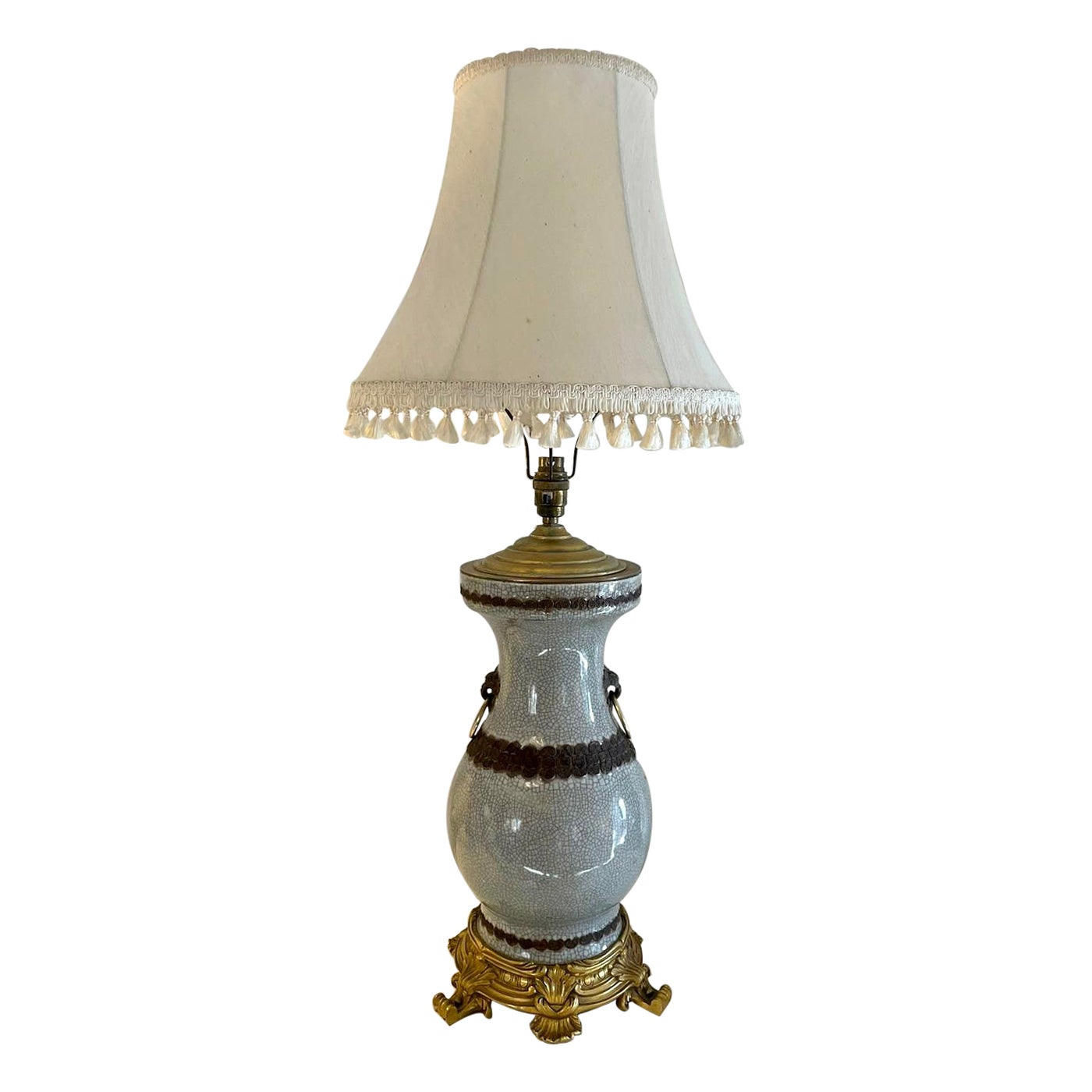 Large Antique Victorian Quality China and Ormolu Table Lamp For Sale