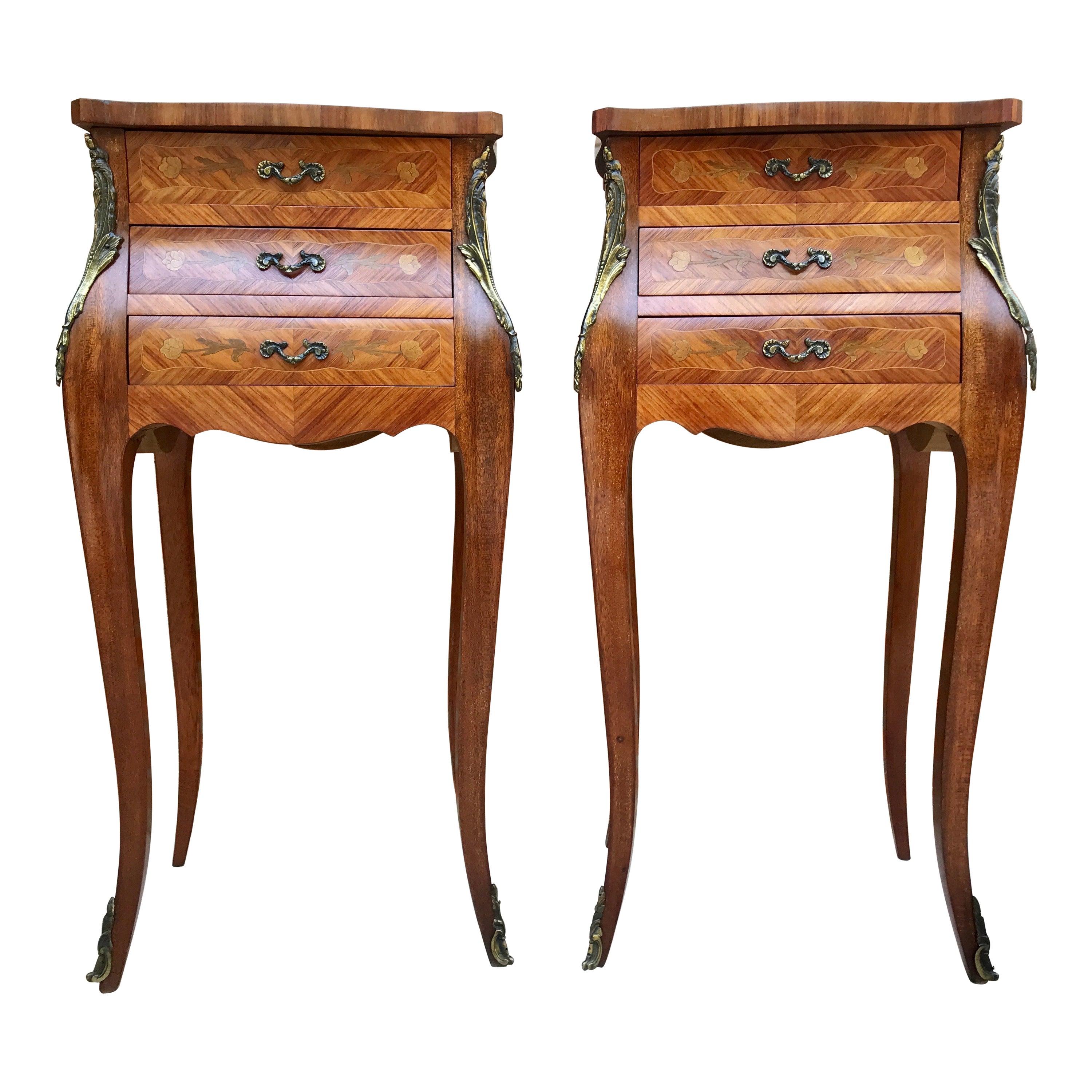 French Classic Louis Vx Style Marquetry Nightstands with Three Drawers, 1920s, S For Sale