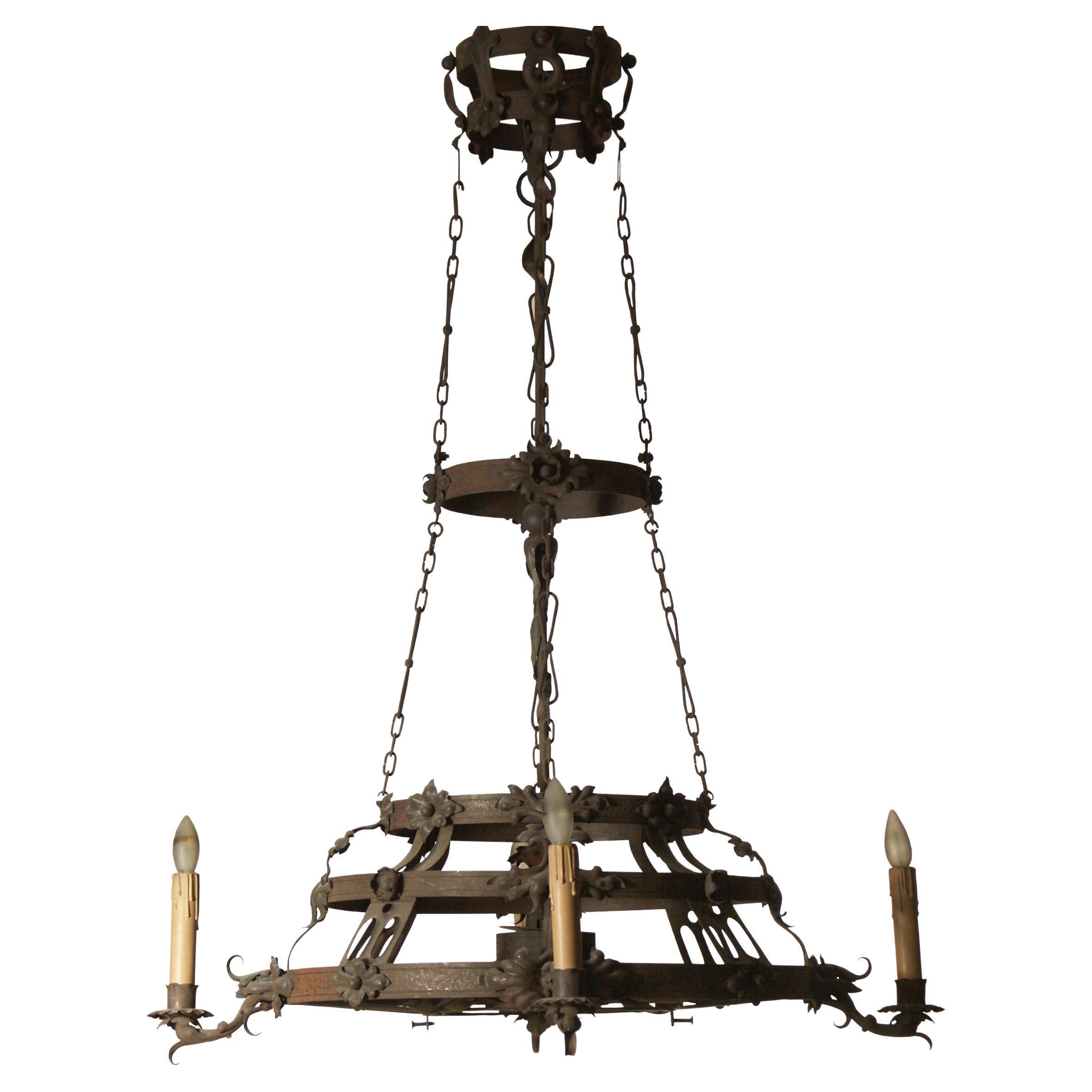 Original Early 20th Century 1915 Handcrafted Wrought Iron Chandelier