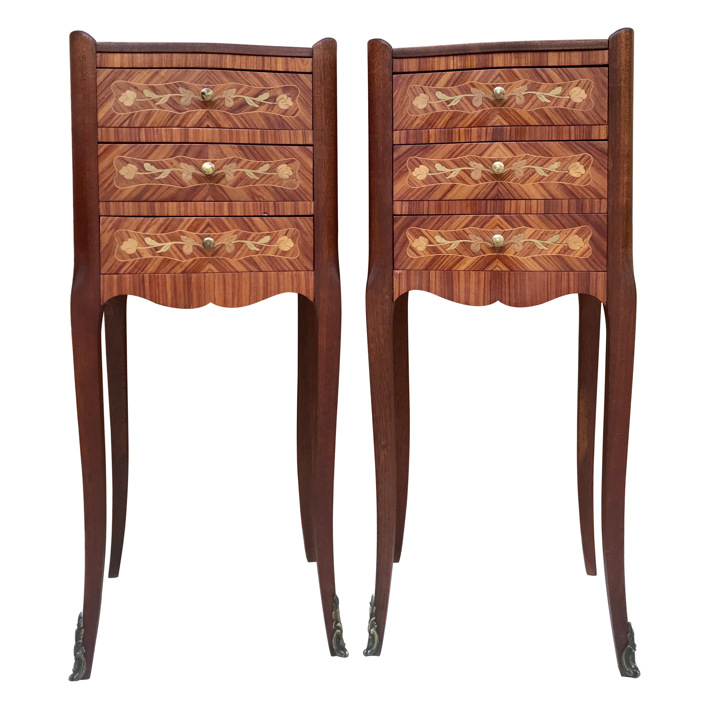 Early 20th Century French Bedside Tables in Marquetry & Bronze with Iron Details For Sale