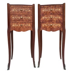 Early 20th Century French Bedside Tables in Marquetry & Bronze with Iron Details