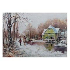 Peinture traditionnelle anglaise de moulin à eau en neige d'hiver avec cheval