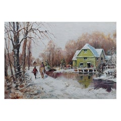 Pittura tradizionale inglese Mulino ad acqua in inverno con neve e cavallo