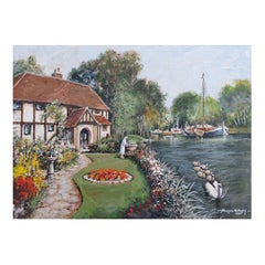 Traditional English Painting Cottage by the River Thames Near London