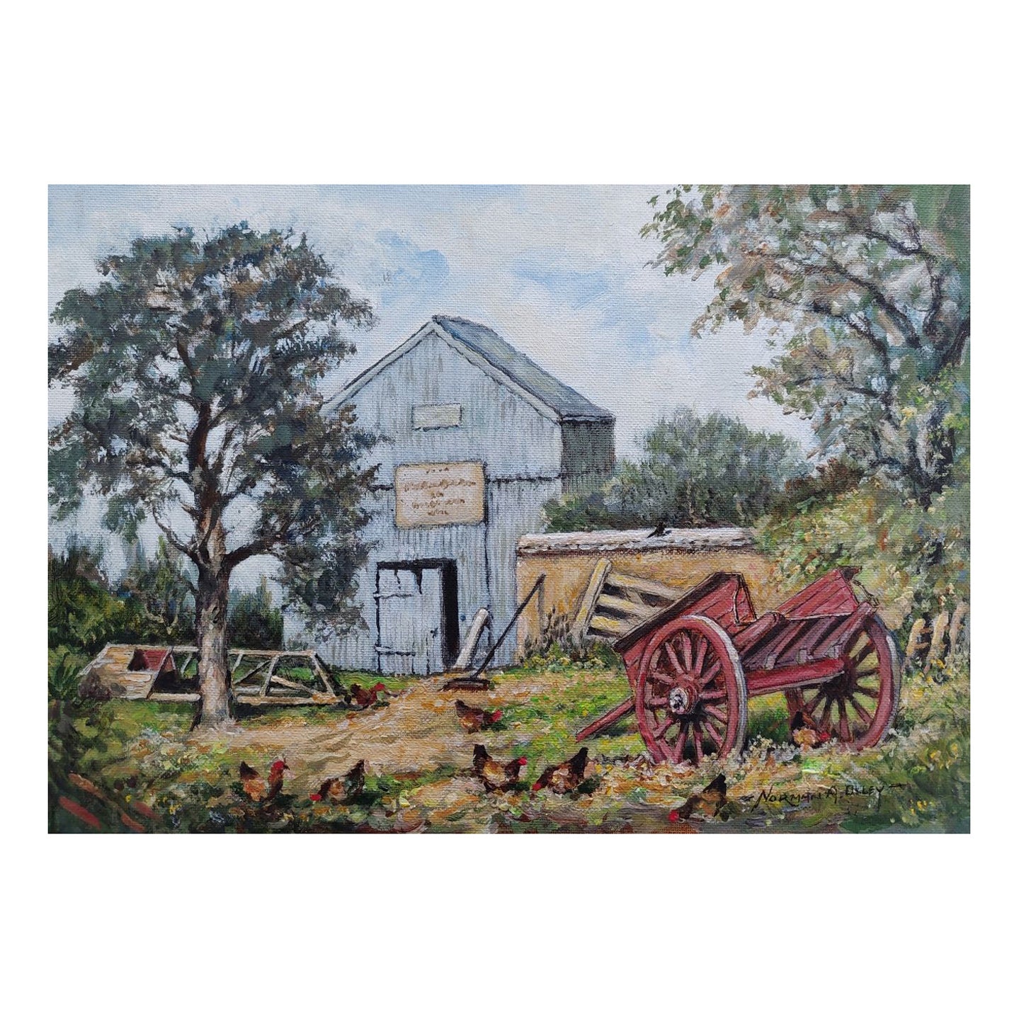 Traditional English Painting Scots Pine and Chickens in a Cornish Farmyard For Sale
