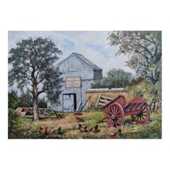 Used Traditional English Painting Scots Pine and Chickens in a Cornish Farmyard