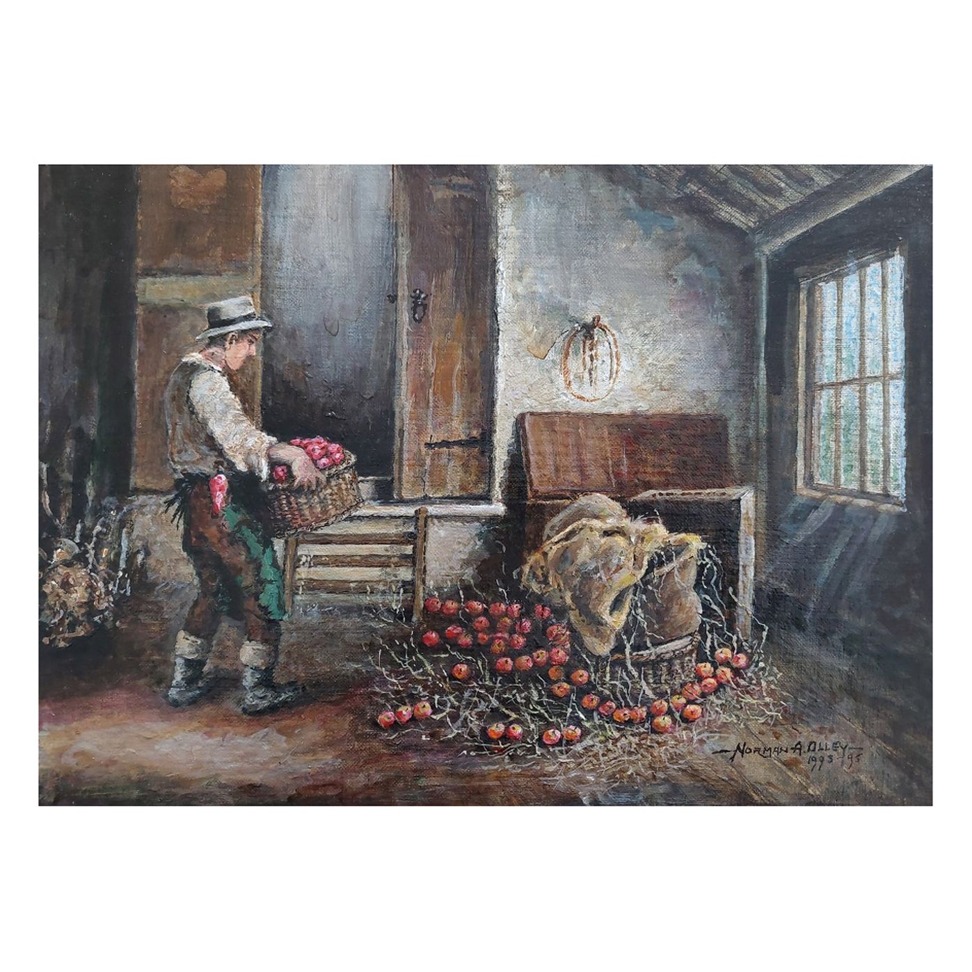 Peinture traditionnelle anglaise d'un fermier ramassant des pommes dans une maison de Higham Oast, Kent en vente