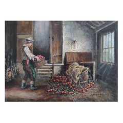Traditional English Painting Farmer Storing Apples in Higham Oast House, Kent