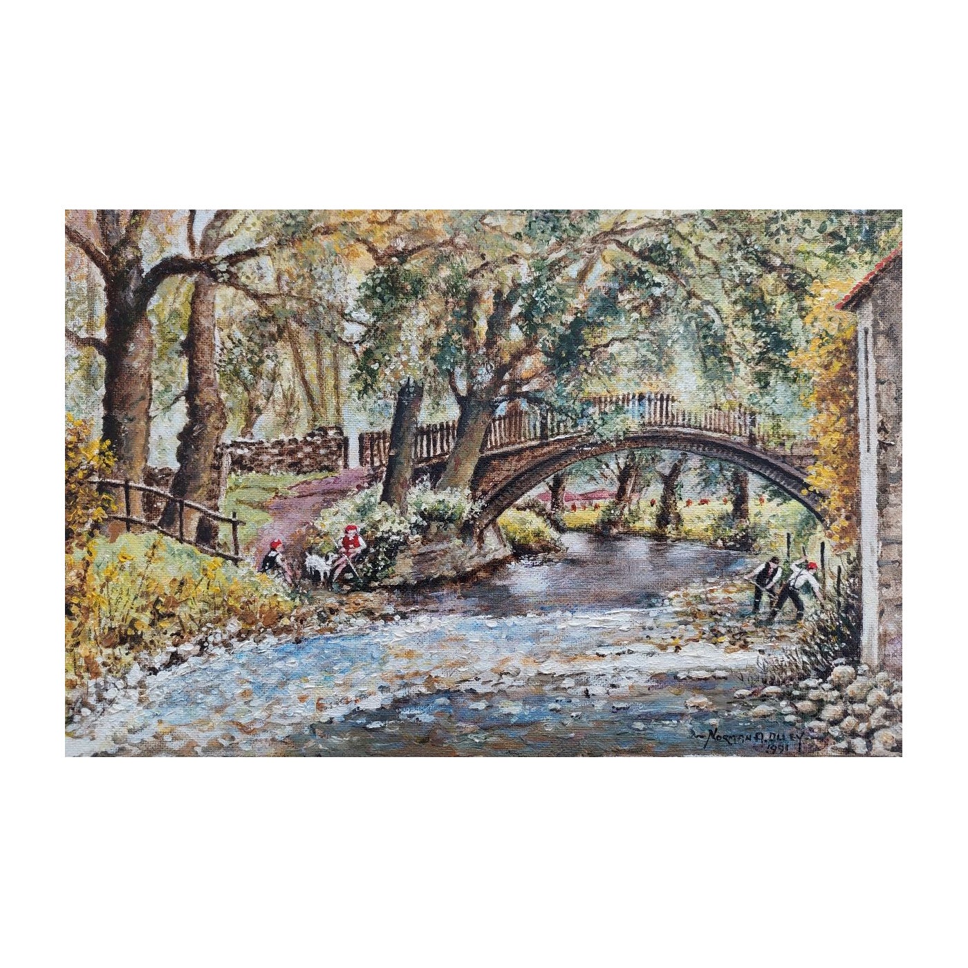 Traditional English Painting River Workers, Beckford Bridge Bingley Yorkshire For Sale