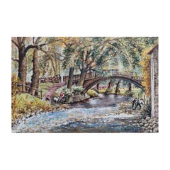 Vintage Traditional English Painting River Workers, Beckford Bridge Bingley Yorkshire